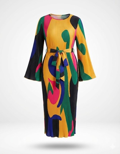 Ladies Abstract Print Pleated Midi Dress (XL)