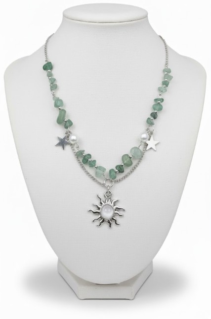 Sterling Silver Celestial Sun & Sage Stone Necklace