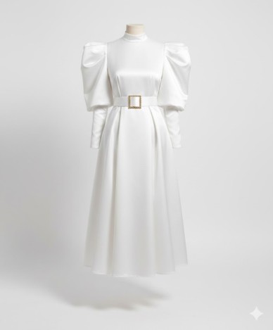 Gigot Sleeve Buckle Belted Mock Neck Dress