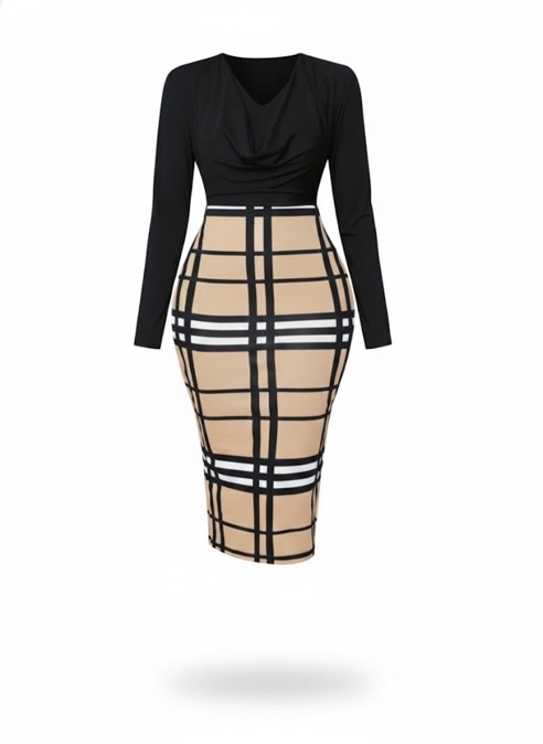 Lady Autumn And Winter Elegant Brown Plaid Knitted