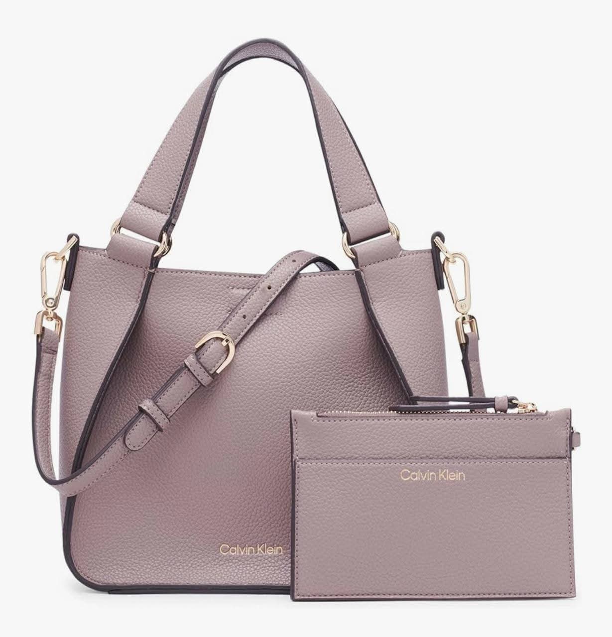 Calvin Klein Pebbled Leather Small Tote & Matching Zipper Pouch Set – Dusty Orchid / Mauve
