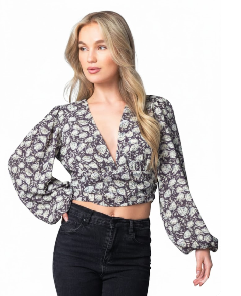 Floral Print V-Neck Surplice Crop Top with Lantern Sleeves
