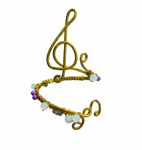 Handmade Gold Wire Treble Clef Cuff Bracelet with Lavender and Pearl Accents