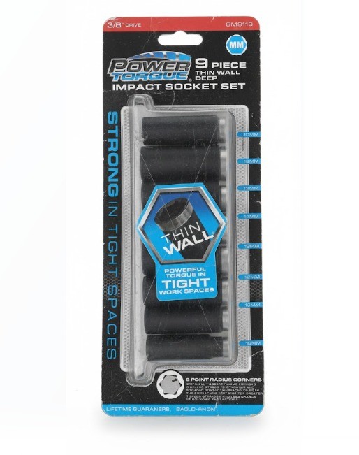 Power Torque 9-Piece 3/8" Drive Metric Thin Wall Deep Impact Socket Set part #GM9113[5MM]PART #9112[2 SAE ]