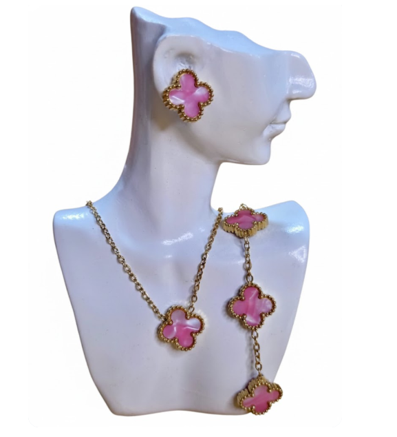 Enchanted Rose: 3-Piece Pink Mother of Pearl & Gold Clover Jewelry Suite