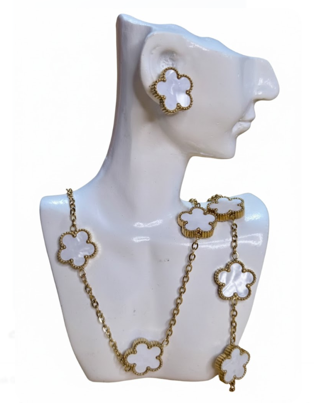 Elegant Mother of Pearl & Gold Clover Jewelry Set - Alhambra-Inspired Necklace and Earrings