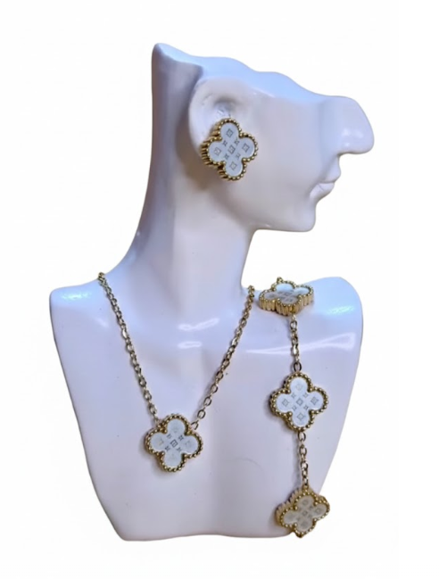 Monogram Inlay Clover Jewelry Set - Gold-Tone Patterned Necklace and Earrings