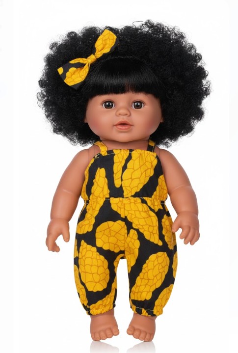 12-inch Baby Doll in Yellow Patterned Romper