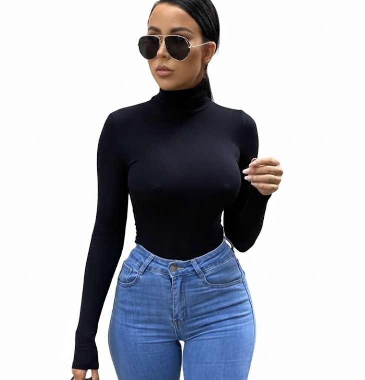 Chic Black Mock Neck Long Sleeve Top - Size Small