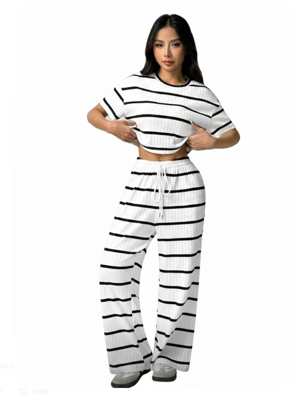 Striped Rib-Knit Lounge Set Size Small