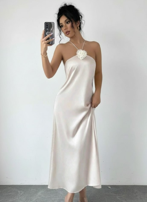 Champagne Dreams: Elegant Satin Halter Maxi Gown with 3D Floral Appliqué Size Medium