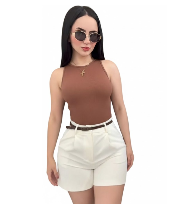Chic Neutral Summer Set - Mocha Ribbed Tank & White Tailored Shorts with Belt (Size Small)