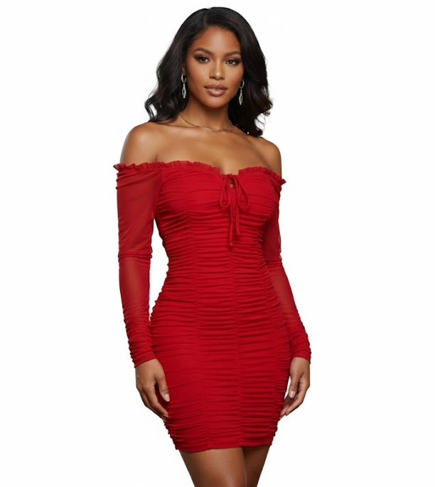 Off-the-Shoulder Red Ruched Mesh Mini Dress – Long Sleeve Bodycon