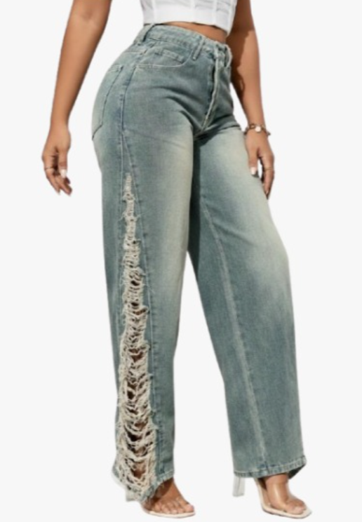 High-Waist Distressed Wide-Leg Jeans – Side Shredded Detail – Size XS