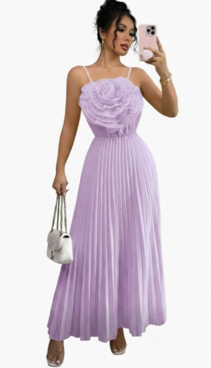 3D Rosette Cami Maxi Dress – Pleated A-Line Evening Gown – Sizes S & M
