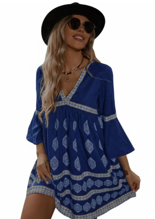 Boho Blue & White Geometric Bell-Sleeve Mini Dress – Women's Size Large