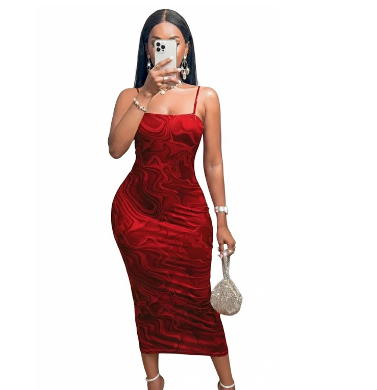 Crimson Marble Bodycon Midi Dress – Sleek Spaghetti Straps – Size XS & S