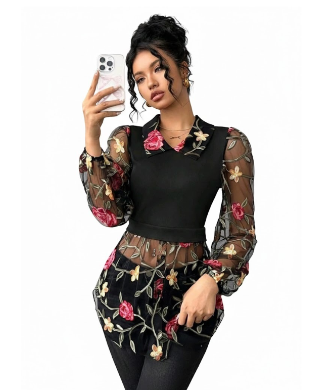 Black Mesh Floral Embroidered Peplum Top – Sheer Lantern Sleeves – Size S & M