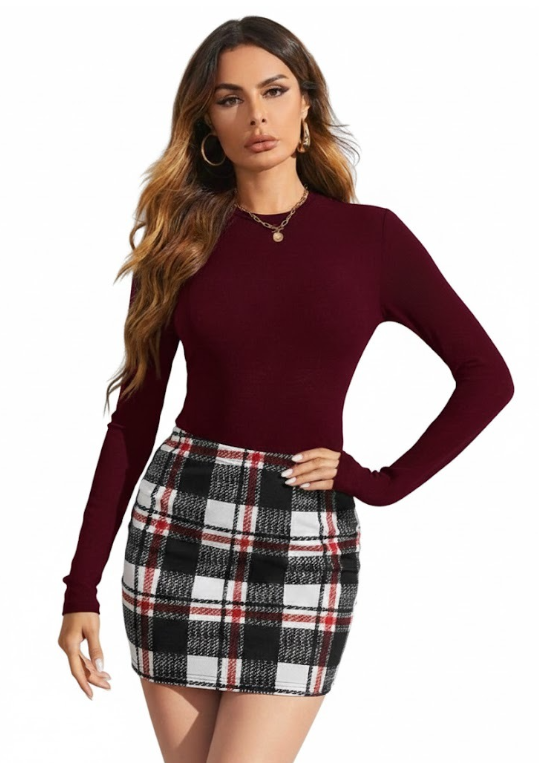 Burgundy Long-Sleeve Ribbed Top & Plaid Mini Skirt Set – Size XS & S