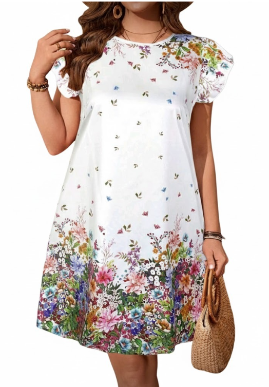 Boho Floral Border Print Flutter Sleeve Mini Dress - White - Size Large