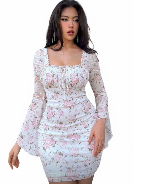 Long Bell Sleeve Square Neck Floral Bodycon Dress, Size Small