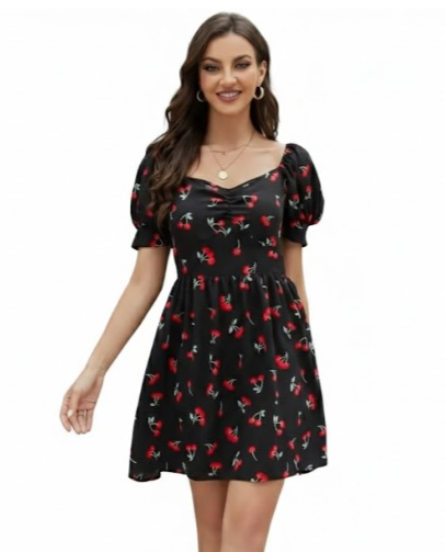 Women’s Black Mini Dress with Red Cherry Pattern, Short Puff Sleeves, Size Medium