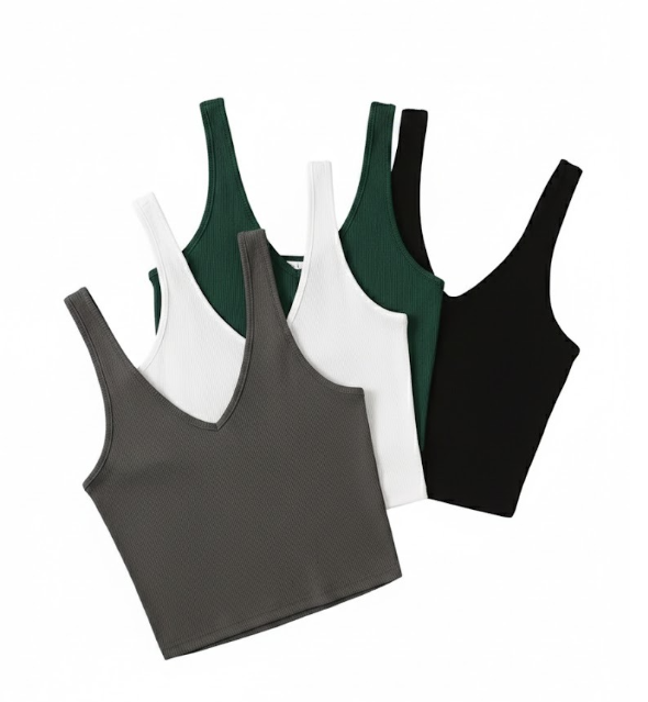 4-Pack Essential Ribbed V-Neck Crop Tank Tops - Black, White, Green, Grey - Size M