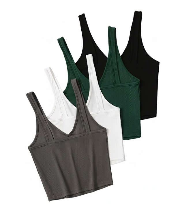 4-Pack Essential Ribbed V-Neck Crop Tank Tops - Black, White, Green, Grey - Size M