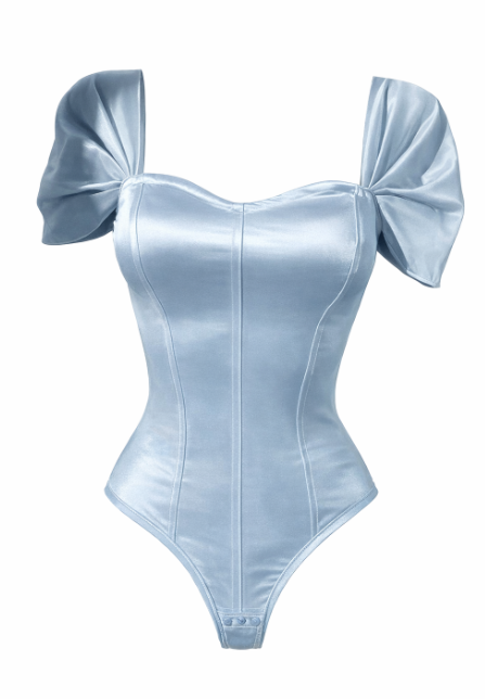 Light Blue Satin Puff-Sleeve Bodysuit Top – Medium