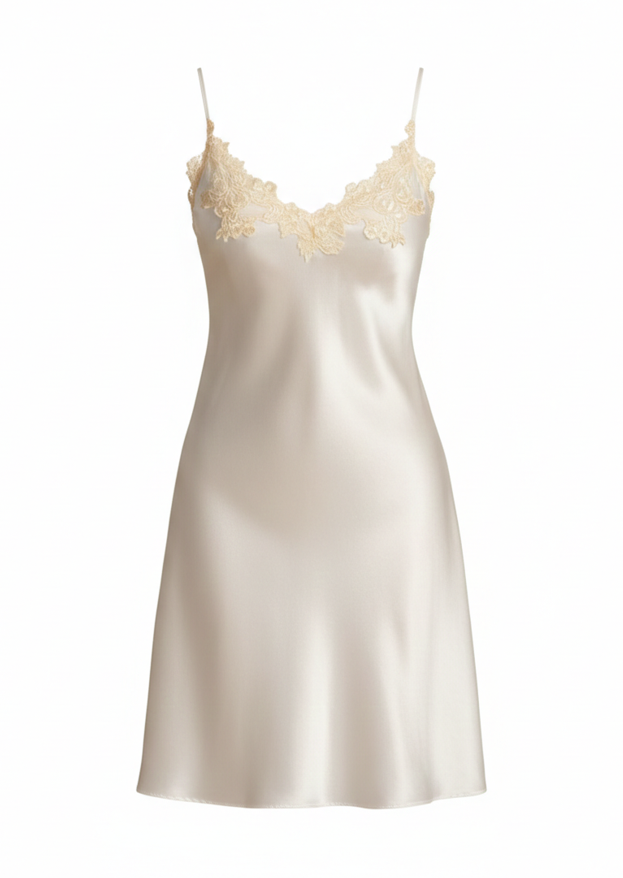 Luxury Champagne Silk-Satin Chemise with Lace Trim – Size Medium