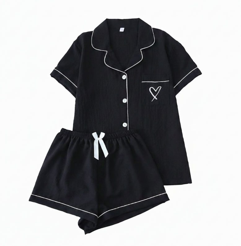 Black Heart Detail Pajama Set Size Medium