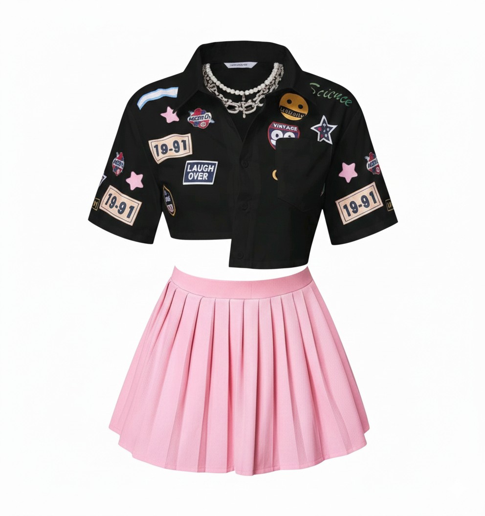 Y2K-style Patchwork Crop Top and Pleated Mini Skirt Set