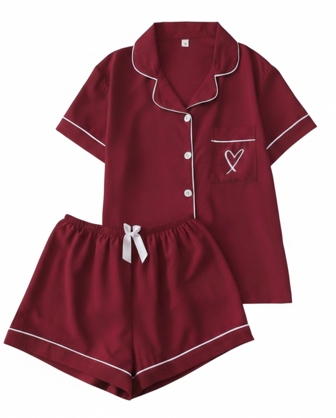 Cozy Satin-Finish Short PJ Set with Contrast Piping and Heart Detail (Medium)