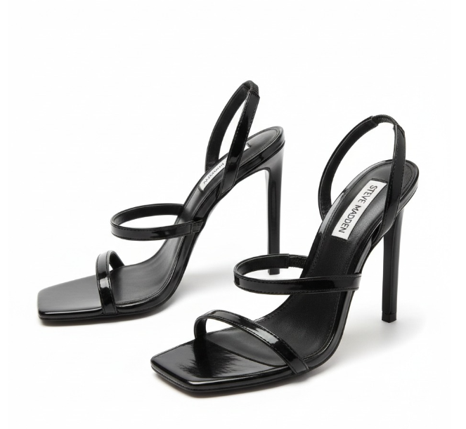 Steve Madden Black Patent Strappy Heels – Square Toe Slingback – Size 8.5