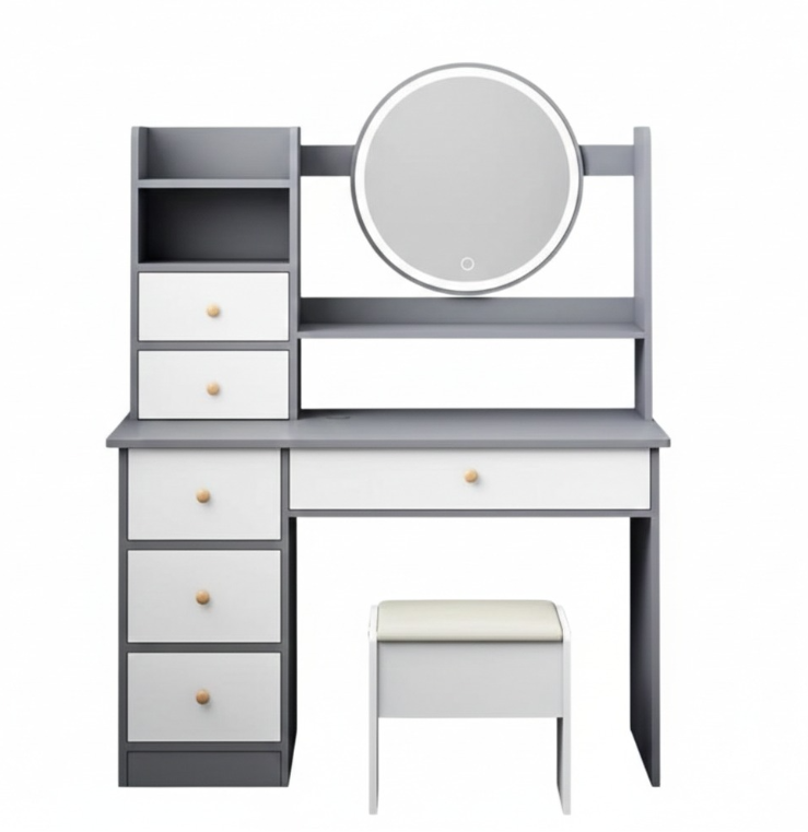 Professional Makeup Table with 3-Mode LED Mirror, Shelves, and Padded Bench