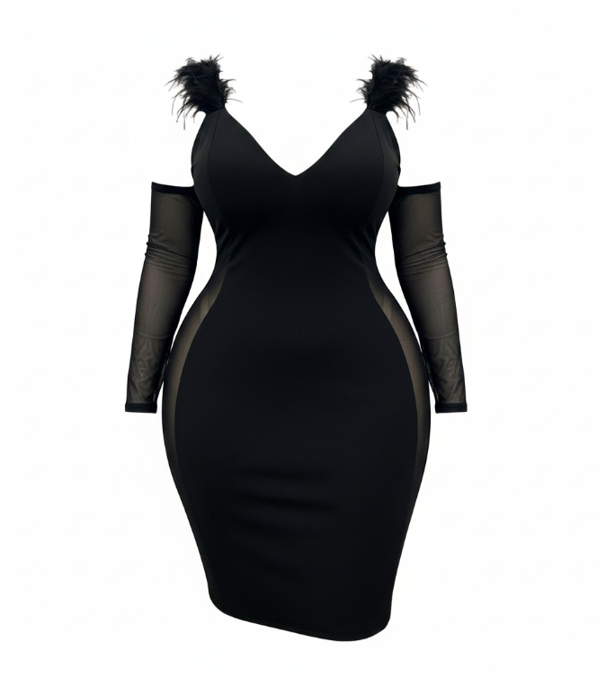 Midnight Glamour: Feather-Accented Bodycon Dress