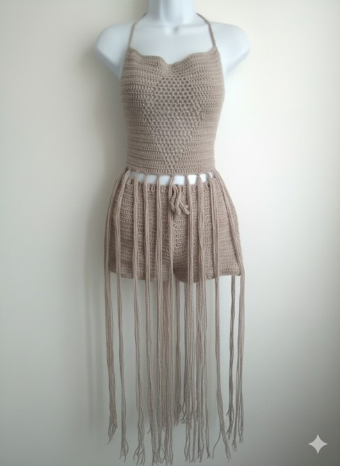 Women's Handcrafted Crochet Fringe Mini Dress (Medium)
