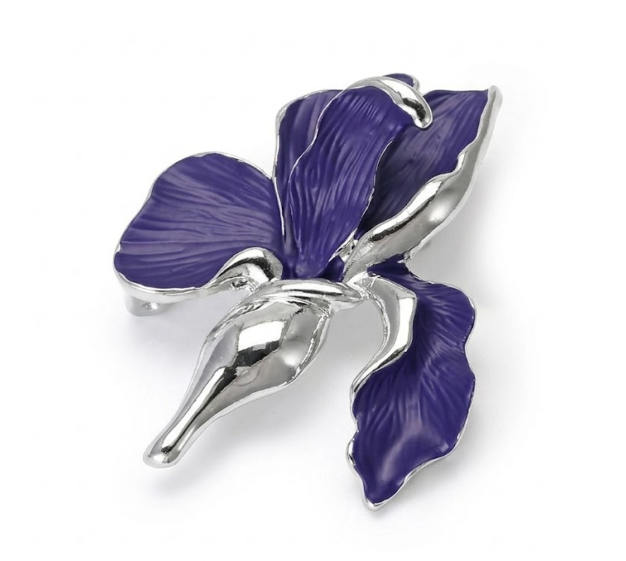 Vintage-Inspired Royal Purple Iris Brooch in Polished Silver Tone
