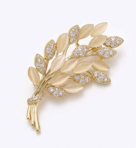 Golden Foliage Statement Pin – Opaline Marquise & Sparkling Zirconia