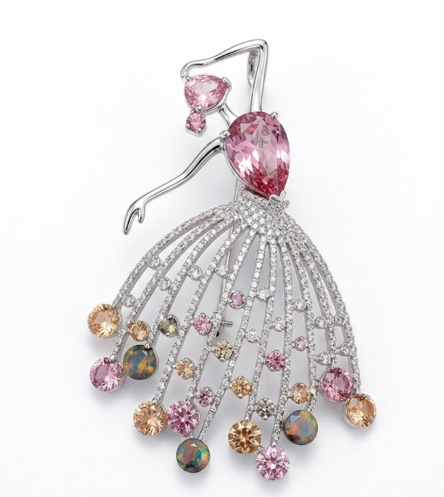 Dancing Ballerina Crystal Brooch – Pink & Gold Ombré Tulle Design0