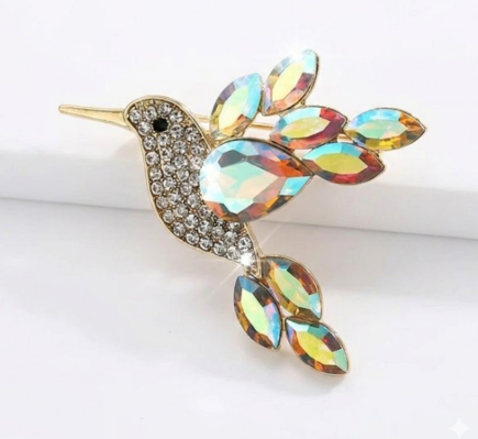 Sparkling Gold-Tone Hummingbird Brooch with Pear-Cut Iridescent Crystals