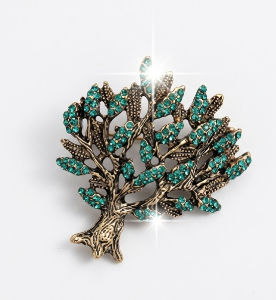 Vintage Bronze and Teal Crystal Tree of Life Brooch Pin