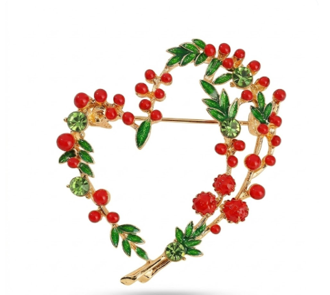 Romantic Gold-Tone Heart Wreath Brooch with Red Berries and Green Crystals