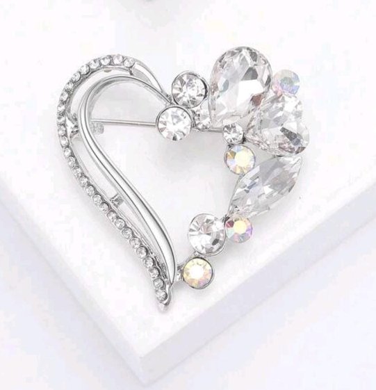 Sparkling Silver-Tone Crystal Heart Brooch with Pear-Cut Accents