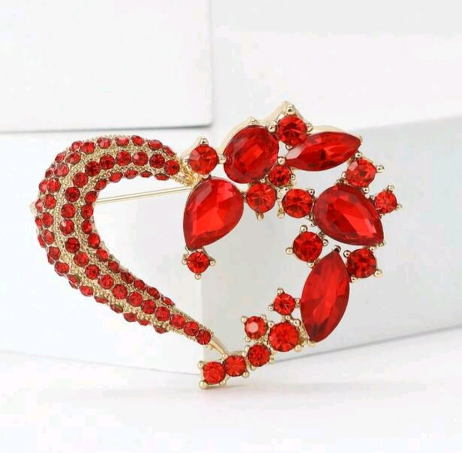 Sparkling Scarlet Heart Brooch – Gold-Tone Crystal Statement Pin
