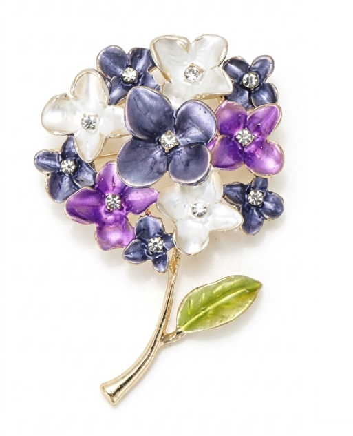 Elegant Multi-Toned Purple and White Enamel Hydrangea Brooch