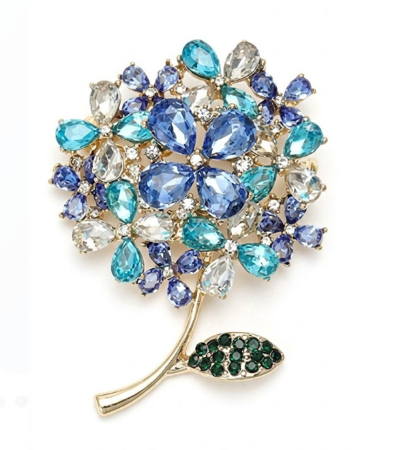 Exquisite Blue Crystal Hydrangea Brooch – Gold-Tone Floral Statement Pin with Emerald Accents