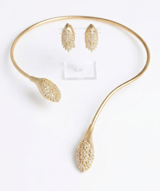 Golden Leaf Bypass Necklace & Earring Set