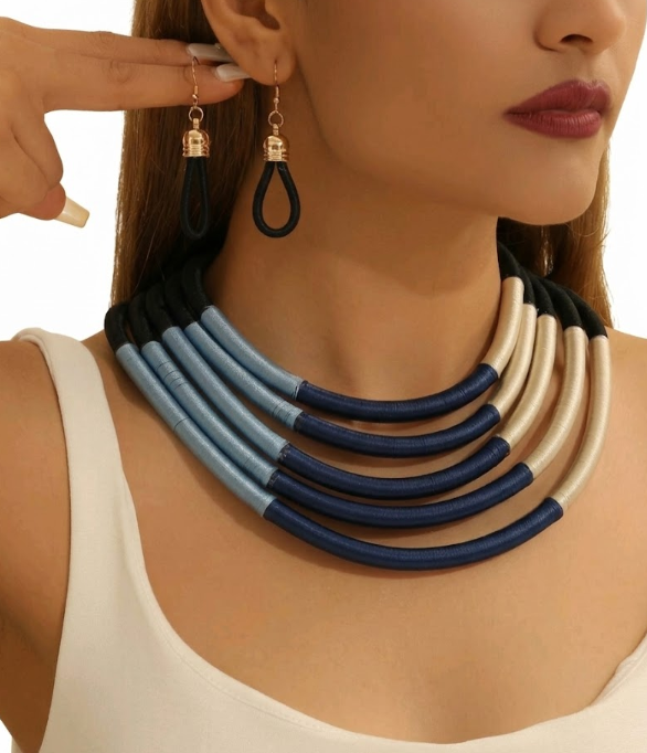 Bohemian Multi-Layer Rope Necklace & Drop Earring Set – Navy, Sky Blue & Cream