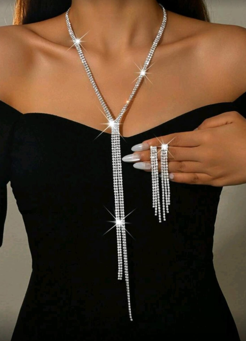 Sparkling Rhinestone Y-Lariat Necklace and Long Tassel Earring Set